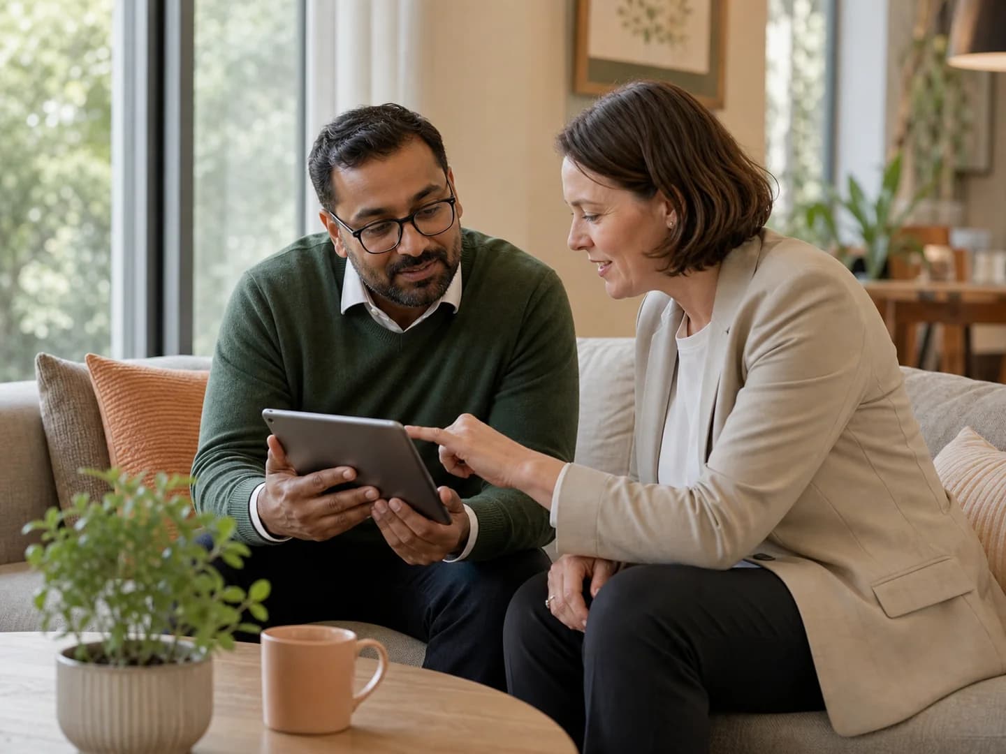 A family member and care professional reviewing the next onboarding steps together on a tablet